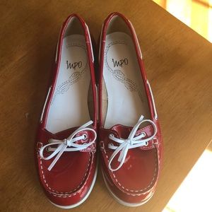 Impi brand new red white patent deck shoes sz 8